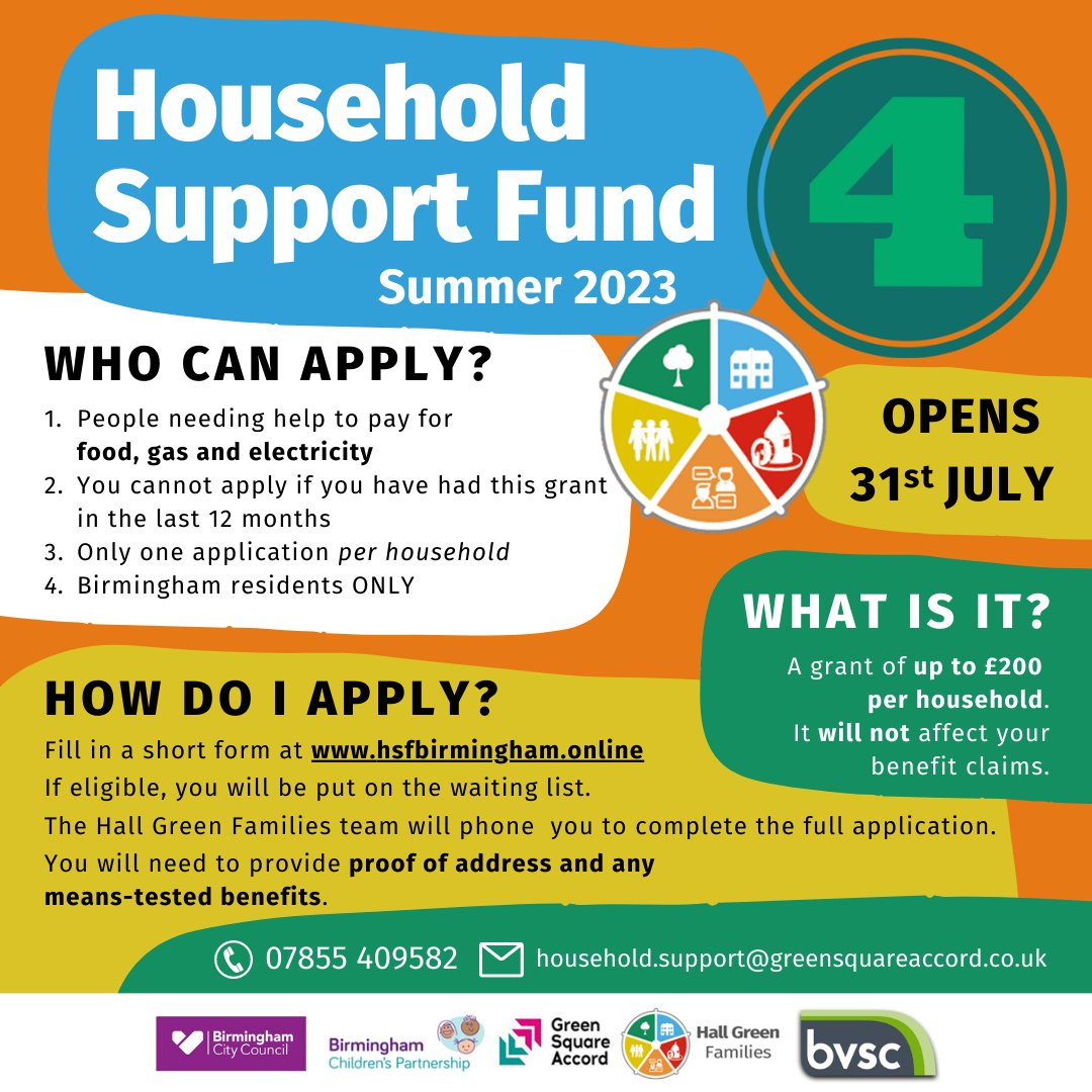 GSAearlyhelp's tweet photo. The Household Support Fund 4 reopens to applications on Monday July 31st

Funding for #Birmingham residents to help with the cost of 

 ✅ gas and electricity 
 ✅ food

Apply online at https://t.co/vDOhBDwaP1 

Please share the info below with your networks https://t.co/oj4i0u98hR