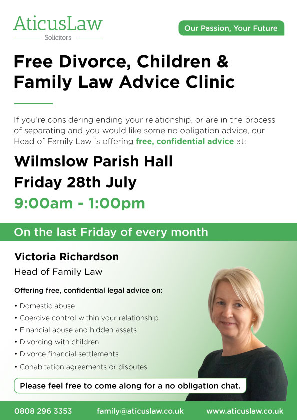 Victoria's next Free #FamilyLaw Advice Clinic is tomorrow, 28th July, 9am - 1pm.

If you need legal advice on #Divorce, #Children or Family Law, pop in to #Wilmslow Parish Hall for a completely confidential, no obligation chat.