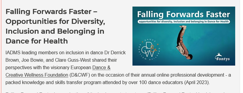 nicoletta_lekka's tweet photo. ➡️ Special focus - @IADMS Newsletter!
☑️“#DanceToHealth Demonstrates Encouraging Results”
☑️“Easter Dance Sessions for Children with #CerebralPalsy and other #Neurodisabilities”
☑️“Falling Forwards Faster – Opportunities for Diversity, Inclusion and Belonging in #DanceForHealth” https://t.co/Q7s9kxPCaa
