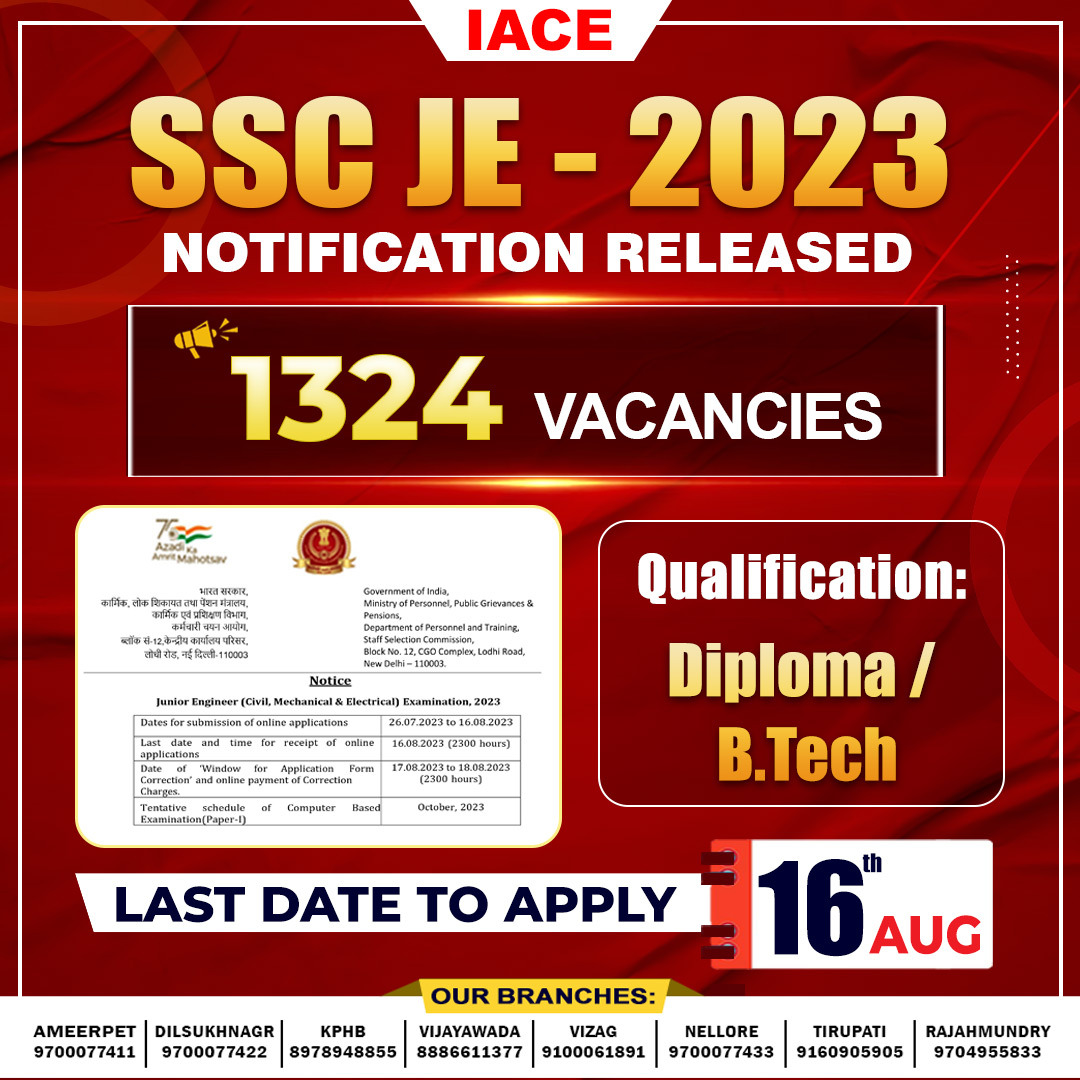 Hyd_IACE's tweet photo. Hurry up, time's running out! 
The last date to apply for SSC JE 2023 is 16th August!
#SSCJE2023 #ApplyNow #GovernmentJobOpportunity #EngineeringCareers  #JobApplication #CareerBoost #JobSeekers #EngineeringAspirants #GovernmentExam #ApplyToday #BestOfLuck #GrabTheChance #IACE https://t.co/JHu5Kc0xal