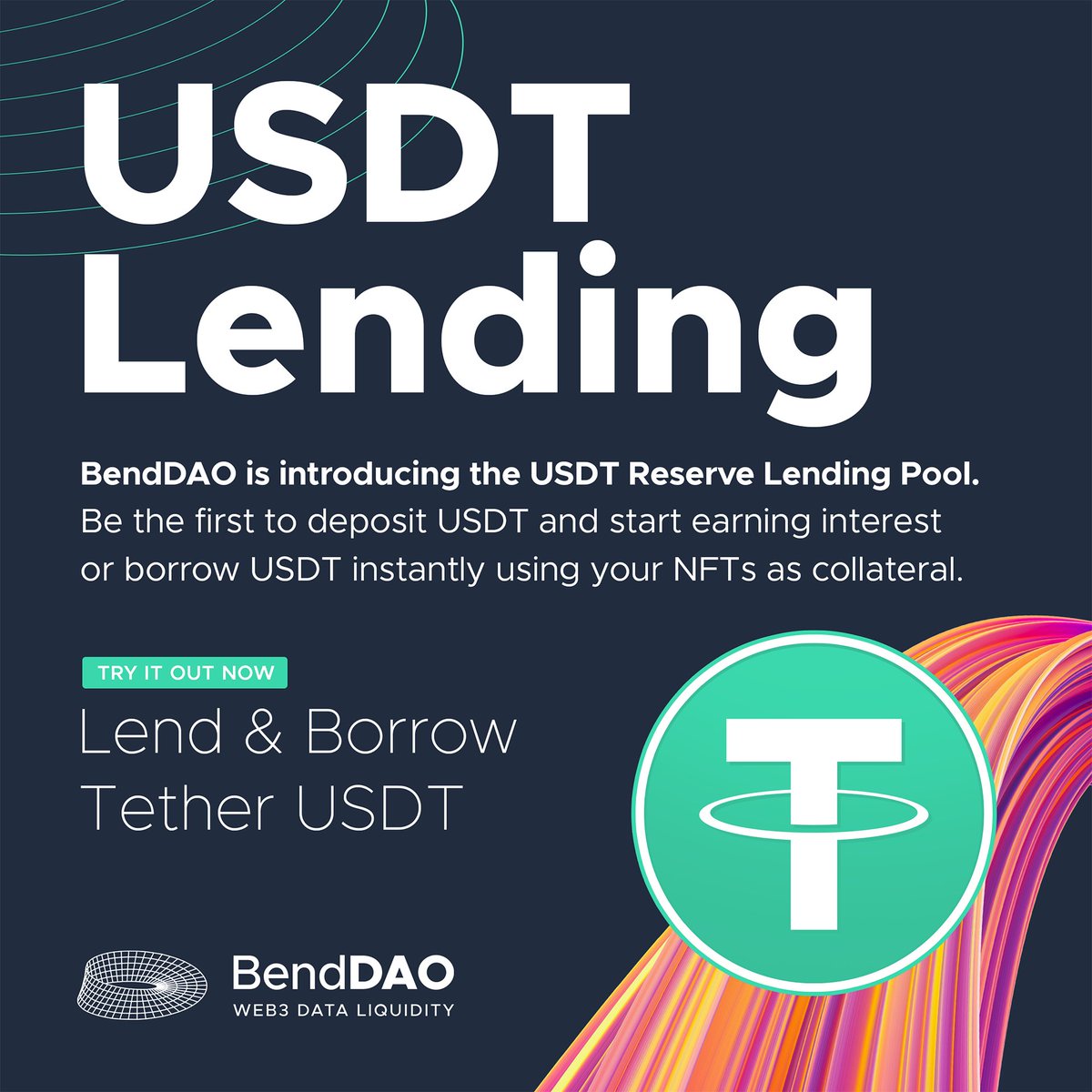 🚀 The $USDT pool goes live on #BendDAO. Now users can use NFTs as collateral to borrow $USDT/ $ETH! BendDAO.xyz