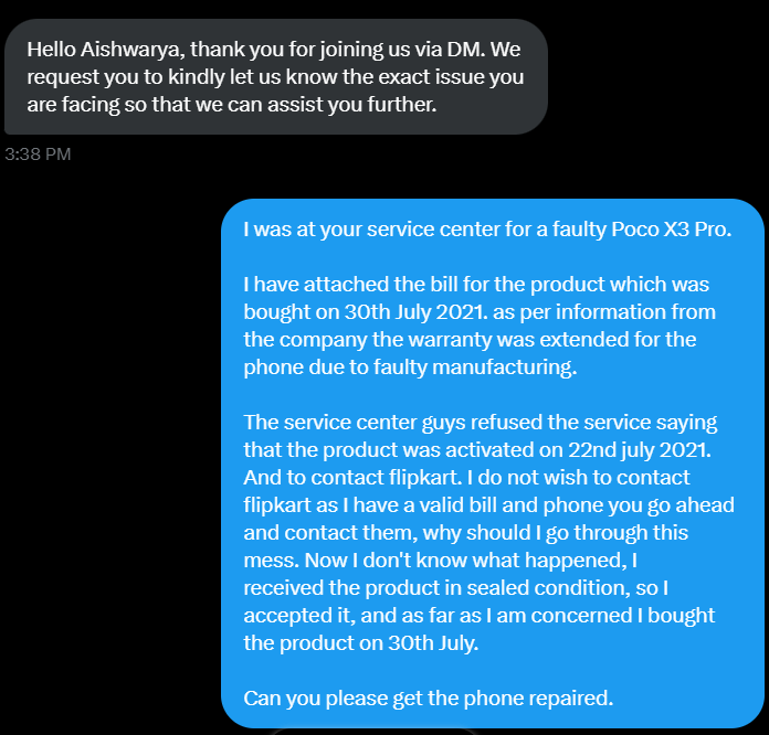 aishwaryaagrl's tweet photo. They ask you to come in DM and then this is the type of support you get in DM #CustomerService  #experience #POCO #donotbuypoco 

The problem with them is no one listens. 

@Himanshu_POCO this is the company and service you are building, pathetic

#pathetic https://t.co/AZX1tlApw2