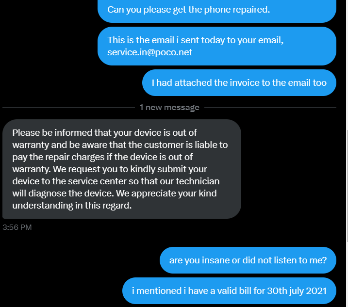 aishwaryaagrl's tweet photo. They ask you to come in DM and then this is the type of support you get in DM #CustomerService  #experience #POCO #donotbuypoco 

The problem with them is no one listens. 

@Himanshu_POCO this is the company and service you are building, pathetic

#pathetic https://t.co/AZX1tlApw2