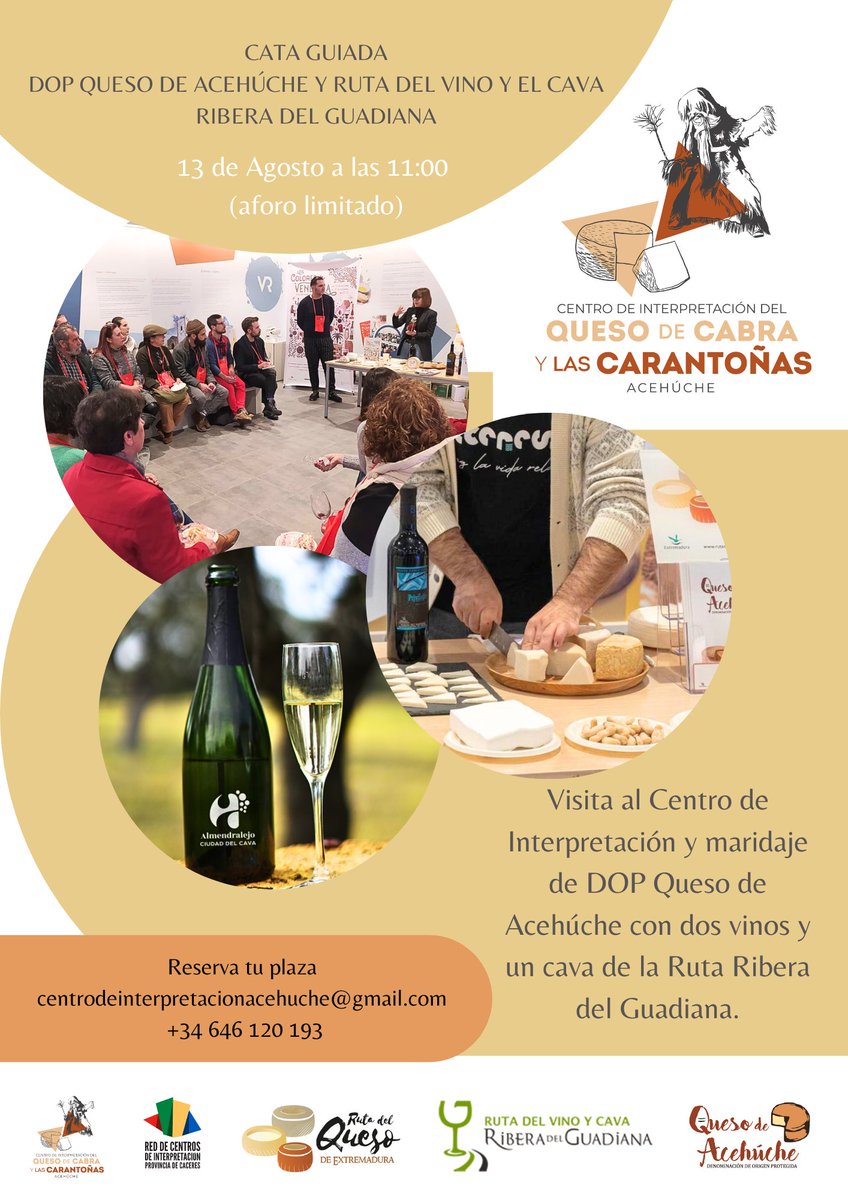 quesodeacehuche's tweet photo. El domingo 13 de Agosto tenemos Maridaje de #DOPQuesodeAcehúche en el @CIAcehuche.

No dejéis pasar esta oportunidad de degustar nuestro #quesodecabra armonizado con dos vinos y un cava de la @RVRibGuadiana.

Reservas en: 
📩centrodeinterpretacionacehuche@gmail.com   ☎️646120193 https://t.co/39e2jeOGUf