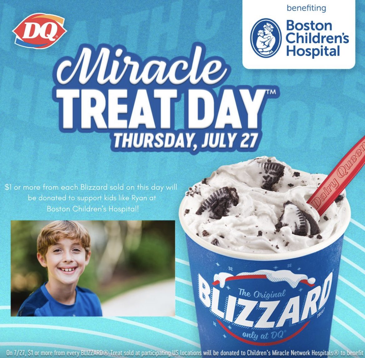 kmacgrade4's tweet photo. It’s going to be a hot one today, so cool off with a Blizzard and bring health and hope to kids at Boston Children’s Hospital! Click on the link below to find a participating Dairy Queen near you. ❄️🍦❄️
https://t.co/LV9Ve4PNFZ https://t.co/u2WHJtQJNE