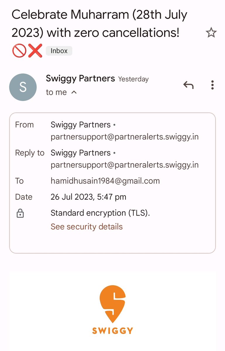 iamhamidHD's tweet photo. @Swiggy @SwiggyCares I am your Lucknow-based partner, and I have received this email on your behalf. The month of Muharram is not for celebrations; rather, it is a time to reflect on the terrible murders of Imam Husain and his family in Kerbala. Google this, and apologies please. https://t.co/BgeTjPu1ZQ
