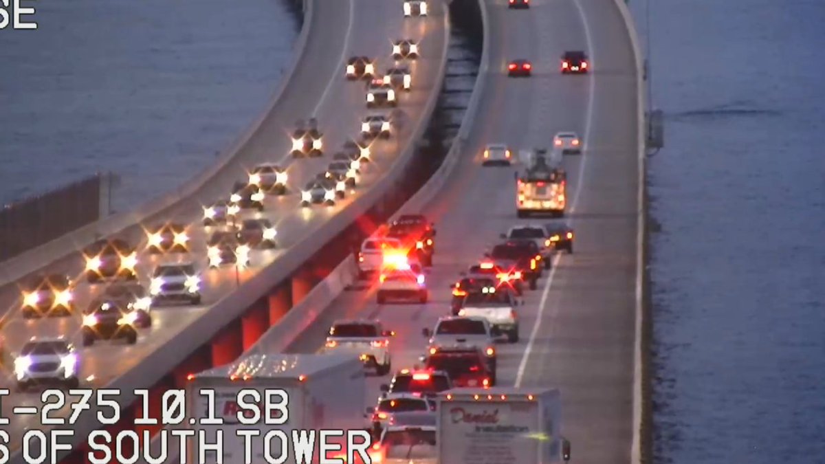 [Skyway Bridge] Left lane blocked due to crash on I-275 SB before the Skyway Pier South End.