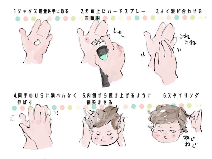 美容室でストレートアイロンでセットしてもらったとき、手持ちのスタイリング剤を聞かれ、ソフトワックスとハードのヘアスプレーと答えたとき教えてもらったやり方 