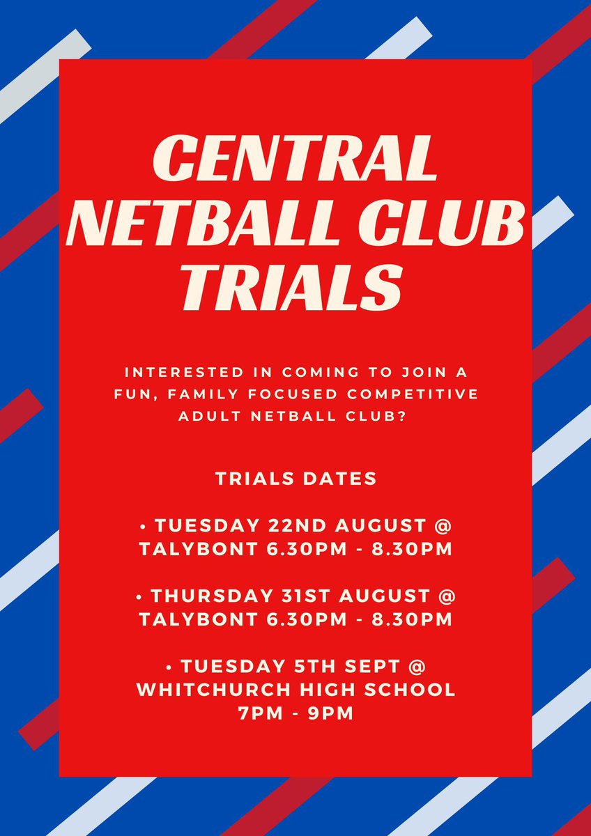 Trial announcement! If you want to come and join a friendly, fun and competitive club look no further. We have 4 teams across Div 1, 2 &amp; 3 in the Cardiff League, high quality coaching all while having fun along the way. Any questions drop us a DM. #netball #wales #cardiff