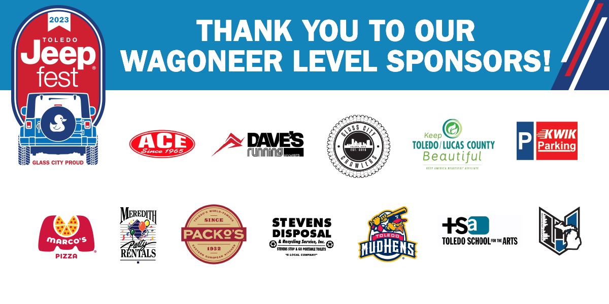 ToledoJeepFest's tweet photo. TJF No. 6: Our Wagoneer Sponsors make us Glass City Proud! Ace Sanitation, @DavesRunning419, #GlassCityCrawlers, @KTLCB, KWIK Parking Toledo, @MarcosPizza, #MeredithPartyRentals, #tonypackos, Stevens Disposal & Recycling, @mudhens, Toledo School for the Arts & #wickedjeepssemi. https://t.co/f5X2K3pyxr