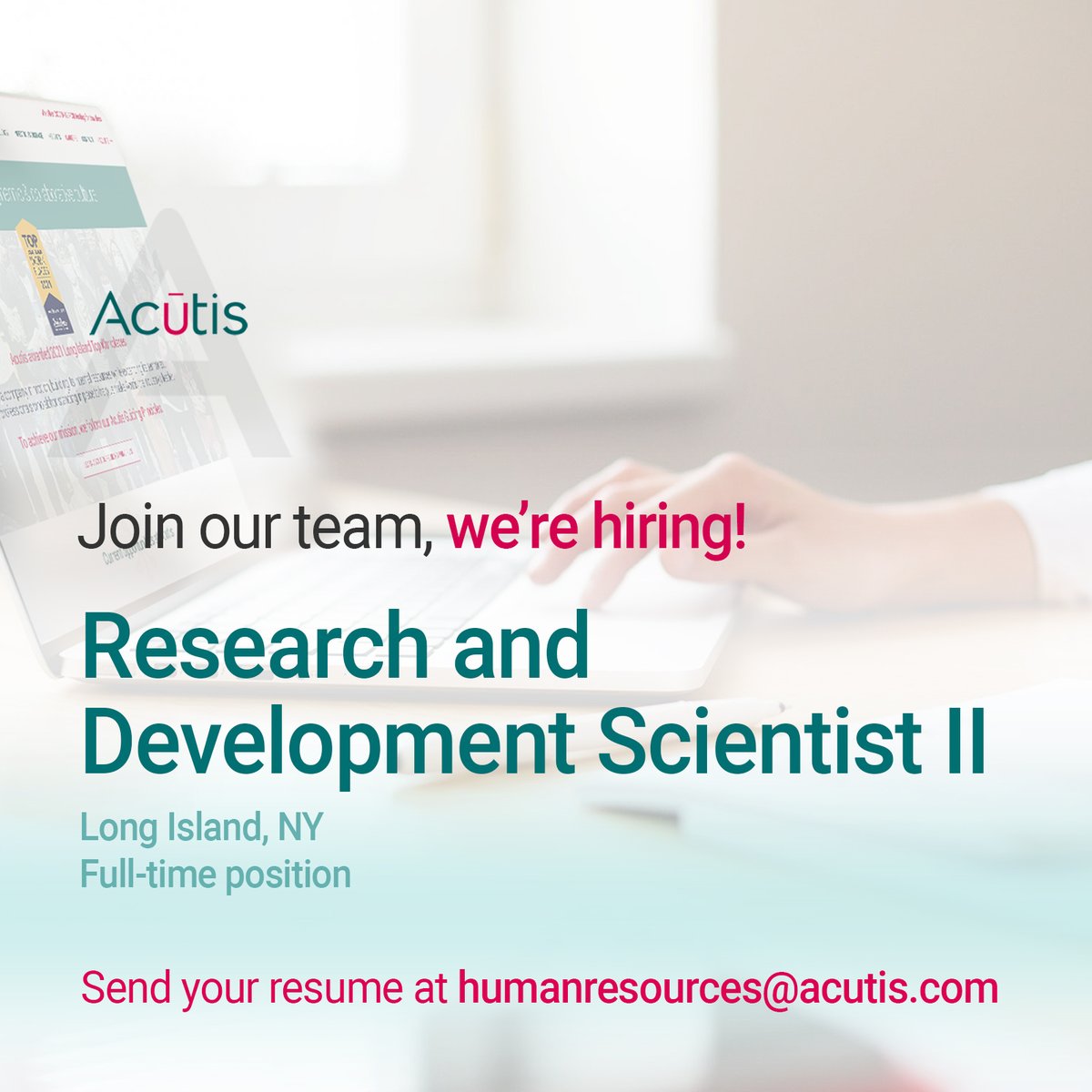 AcutisLab's tweet photo. We are seeking a Research &amp; Development Scientist II to join our fast-growing team.
Complete description https://t.co/OcZGbENQpM 
#Acutis #AcutisDiagnostics #JobOpening #CareerChange #Diagnostics #MedicalJob #MedicalLab #LabLife #Testing #LabTest #ClinicalLaboratory #ClinicalLab https://t.co/jCOOdK63VC