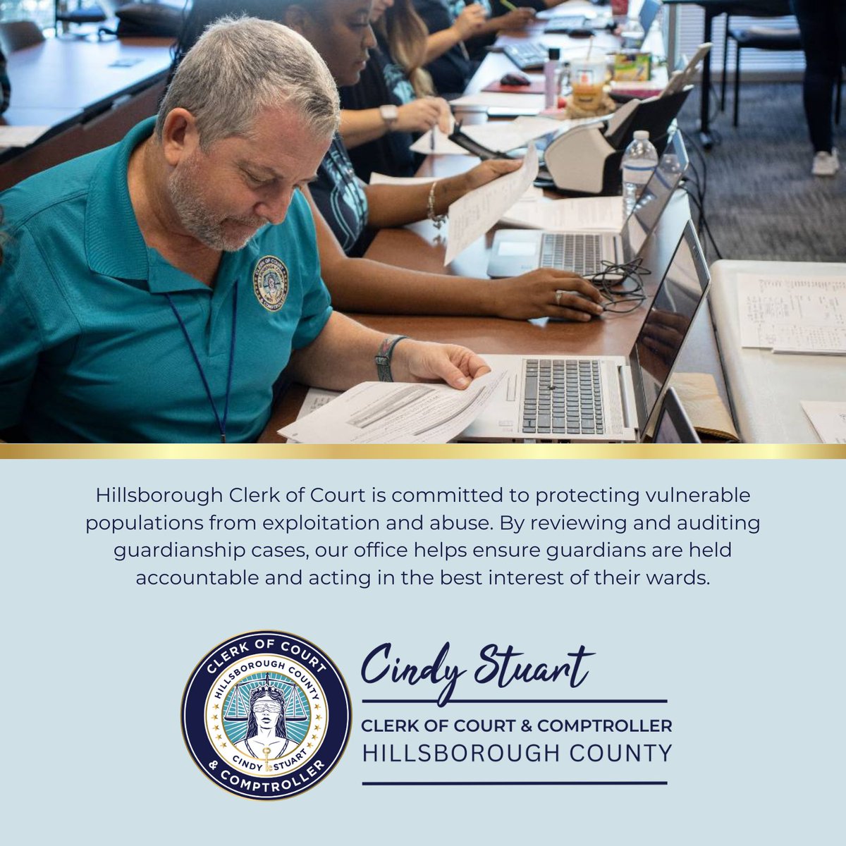 Hillsborough Clerk of Court is committed to protecting vulnerable populations from exploitation and abuse.
By reviewing and auditing guardianship cases, our office helps ensure guardians are held accountable and acting in the best interest of their wards.
#FLClerks #HillsClerk