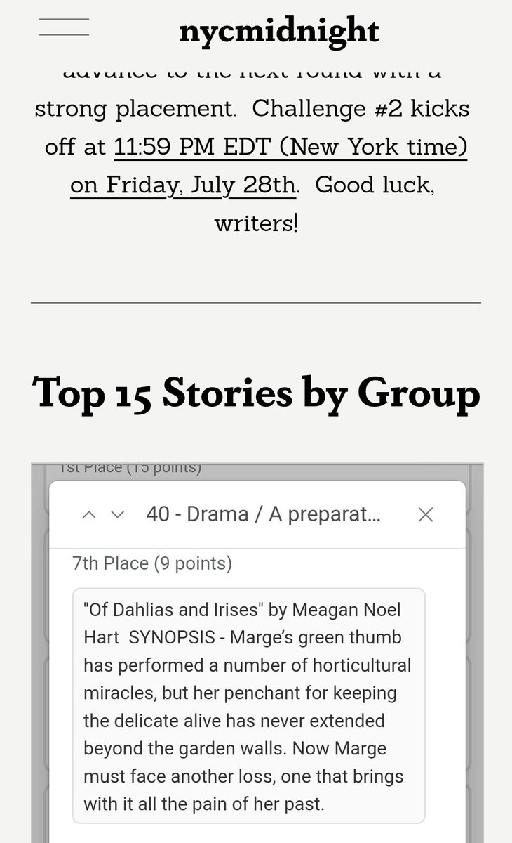 MNHart's tweet image. Took 7th in the NYC Midnight #flashfictionchallenge for round 1. That makes me top 15 out of 37 in group 40. Not a bad rank for moving on to challenge two. Happy to see a fee from the forums get top scores, too!