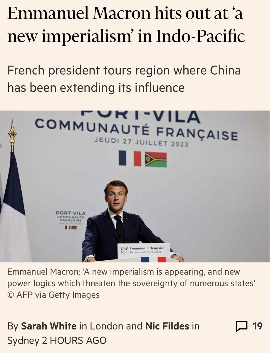 Macron’s muddled message seems to want to have it all—good economic relations w/ 🇨🇳&amp; sale of dual-use goods for ex. helicopters to Beijing while complaining about, “foreign [hint 🇨🇳] ships fishing illegally” in the region’s waters and criticised the “numerous loans made w/