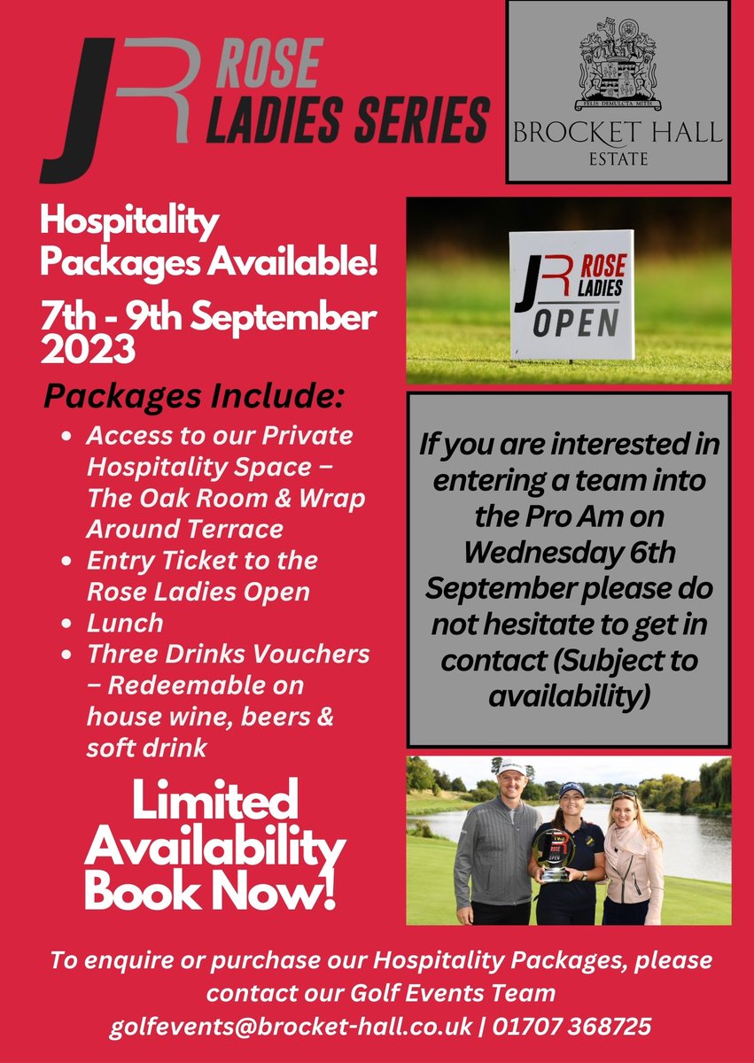 Hospitality packages are available for the Rose Ladies Series here at Brocket Hall! 
To find out more, contact our golf events team by emailing golfevents@brocket-hall.co.uk or call 01707 368725.

 #RoseLadiesSeries #GolfHospitality #GolfTournament #GolfEvents