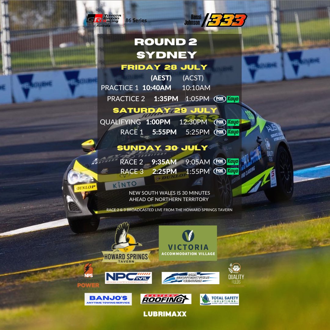 RossiJohnson333's tweet image. Schedule for this weekend in Sydney.

Be sure to get down to the Howard Springs Tavern to watch races 1 &amp;amp; 3 live. 

#repcosc #sydney #howardsprings #toyota86