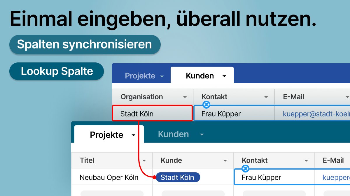 🚨 Neu in ApptiveGrid Tabellen: "Lookup Spalte". 🚨 Geben Sie Daten einmal ein und nutzen Sie sie überall.
🔎 Optimierte Datenintegrität
Die Lookup Spalte ermöglicht einfache Datenverknüpfungen, steigert die Datenqualität und vermindert Inkonsequenzen.