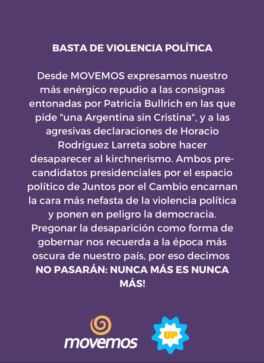 movemos_caba's tweet photo. Ante las recientes declaraciones y acciones de #Bullrich y #Larreta pidiendo "desaparecer" a espacios políticos y sus referentes, desde MOVEMOS decimos:

BASTA DE VIOLENCIA POLÍTICA. NUNCA MÁS ES NUNCA MÁS. https://t.co/v93BAhERRA