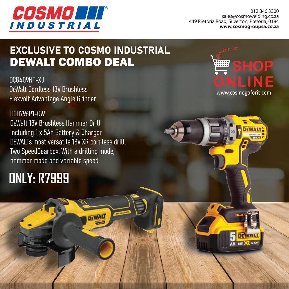 Cosmo Group (@cosmoindustrial) on Twitter photo Exclusive to Cosmo Industrial. For only R7999.00 you can get this DeWalt combo. 18V Brushless Angle Grinder and 18V Brushless Hammer Drill, including 1 x 5Ah batter and charger.
Don't delay, buy it now: cosmogroupsa.co.za/products/dewcoโฆ Exclusive to Cosmo Industrial. For only R7999.00 you can get this DeWalt combo. 18V Brushless Angle Grinder and 18V Brushless Hammer Drill, including 1 x 5Ah batter and charger.
Don't delay, buy it now: cosmogroupsa.co.za/products/dewcoโฆ