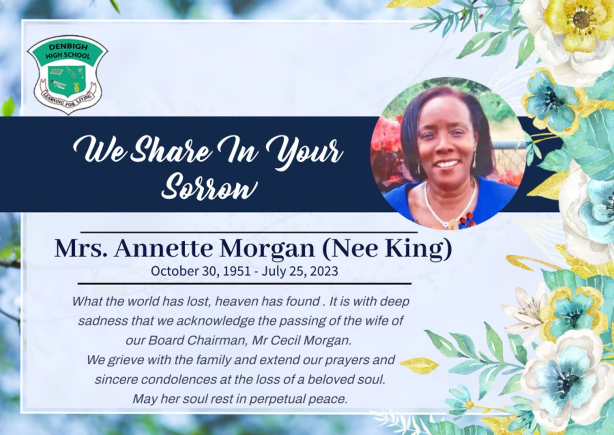 Denbighhighja's tweet photo. The Denbigh High School family sends condolences to the Chairman of our school's board, Mr. Cecil Morgan. Mr. Morgan has lost his wife. 

Our deepest sympathies during your time of loss, our thoughts are with you and your family during this difficult time. https://t.co/XeMnRvCwrB