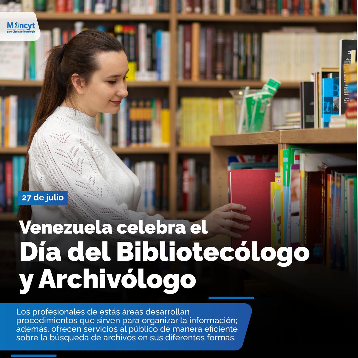 Mincyt_VE's tweet image. #Efemérides | #27Jul Día del Bibliotecólogo y Archivólogo en Venezuela 📚📖🇻🇪

#CienciaYEducación 
#MaduroSíVa