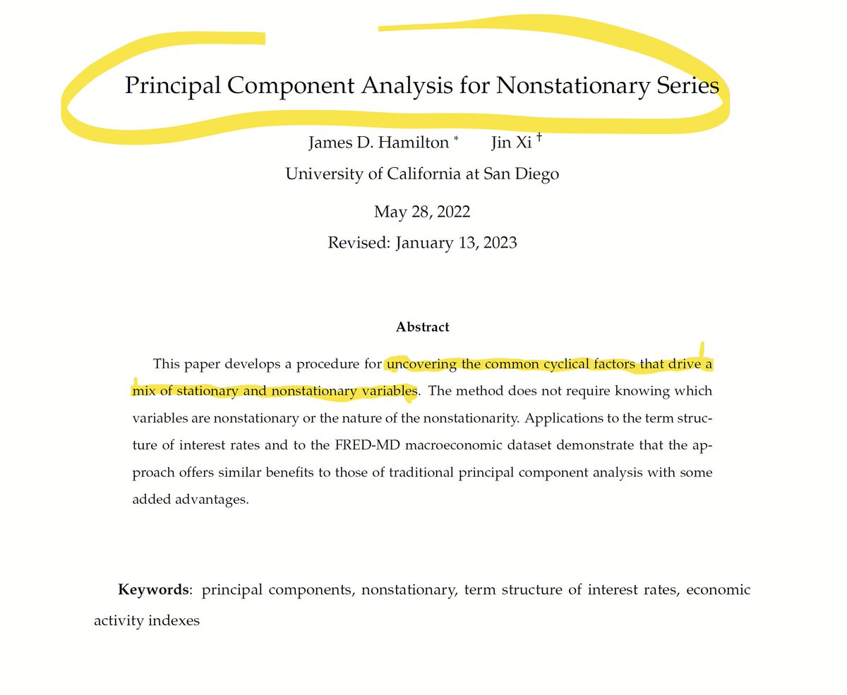 Hi #EconTwitter!

𝐉𝐢𝐦 𝐇𝐚𝐦𝐢𝐥𝐭𝐨𝐧 (<a href="/UCSDEcon/">UCSDEcon</a>) is doing some cool #econometrics work on 𝐩𝐫𝐢𝐧𝐜𝐢𝐩𝐚𝐥 𝐜𝐨𝐦𝐩𝐨𝐧𝐞𝐧𝐭 𝐚𝐧𝐚𝐥𝐲𝐬𝐢𝐬 for stationarity &amp; non-stationary time series!

For those interested in measuring common cycles in large dim data, check it out!👇