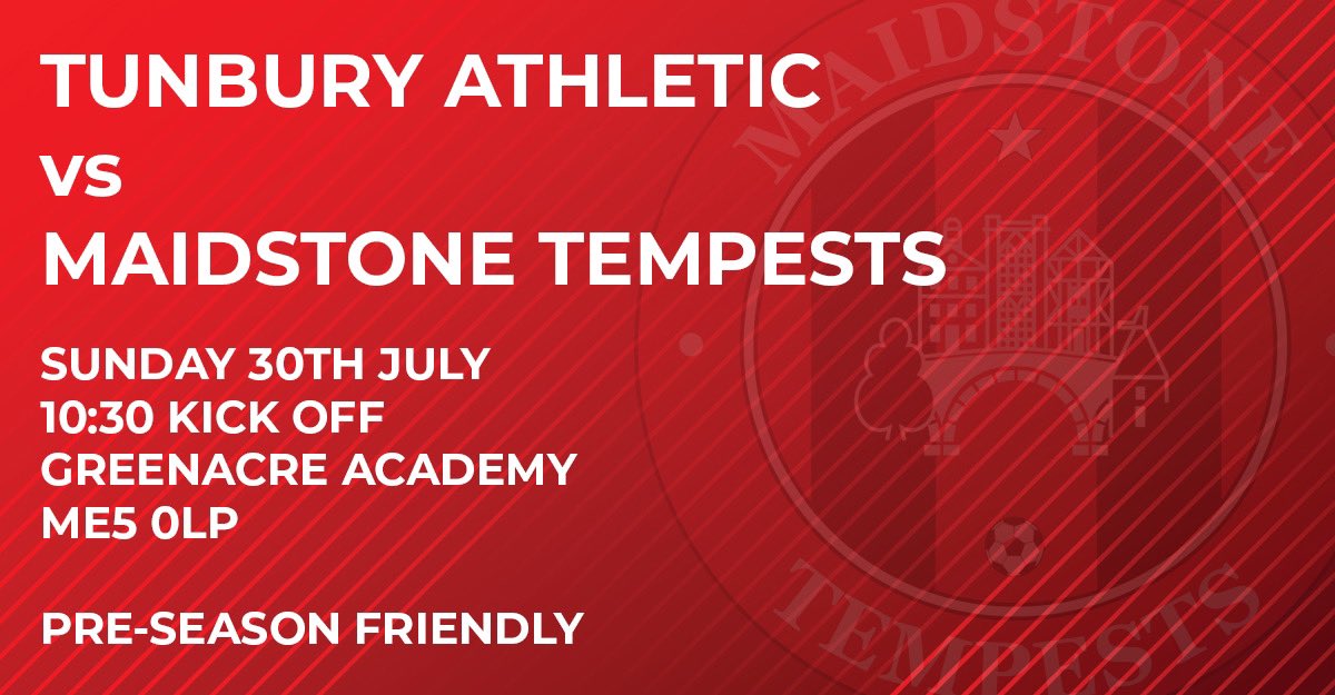 Pre-season friendly #2

⚽️ Friendly
🆚 <a href="/tunburyathletic/">Tunbury Athletic FC</a> 
🕒 Sun 30th July / 10:30 KO
🏟 Greenacre Academy / ME5 0LP

#WeAreTempests #SundayLeague @SELKGrassroots <a href="/mmksfl/">Maidstone & Mid Kent Sunday Football League</a>