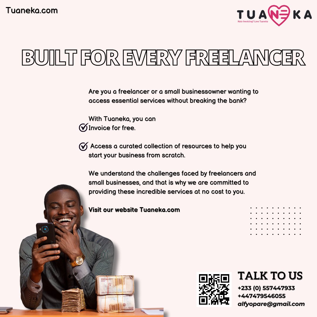 TuanekaLtd's tweet photo. Calling all freelancers and small business owners!
Tired of expensive services? @TuanekaLtd has your back!

Invoice for free and explore a curated collection of resources to kickstart your business journey. We have you covered.
#invoicingsoftware #aicompliance https://t.co/XbXKnFSRNw