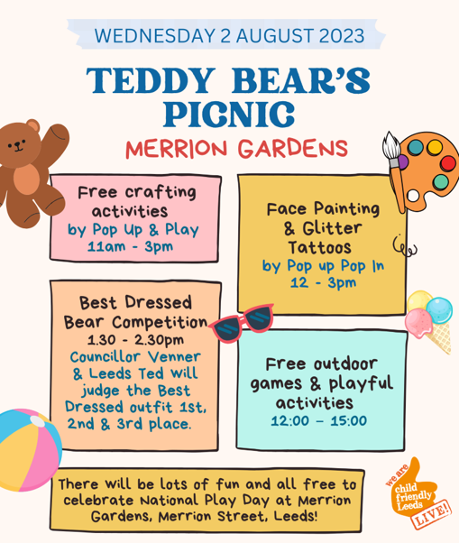 Leeds_City_Ctr's tweet photo. FREE Event! Wednesday 2nd August, between 11am &amp; 3pm we are inviting you to join the Teddy Bears Picnic at Merrion Gardens

'This project was funded by the UK Government from the UK Shared Prosperity Fund'

https://t.co/7zEbAfq3cj https://t.co/NUhirpnIuQ