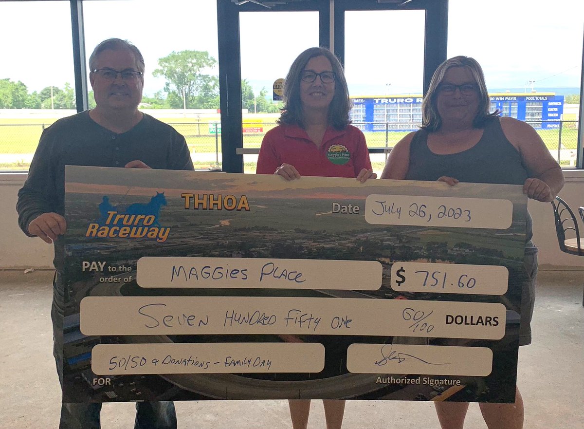 truroraceway's tweet photo. Linda Legere of Maggie's Place stopped by yesterday to receive a cheque for $751.60 from Raceway GM Steve Fitzsimmons (@playbyplayguy) & THHOA Vice President Penny Wesley.
The money was raised on Family Fun Day on July 16th from donations & 50/50 that race day.
#maggiesplace https://t.co/bSSny6Vjyy