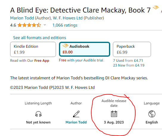 MarionETodd's tweet photo. Audio book fans, I'm so sorry but it looks like the release of #ABlindEye on audio book has been put back again. It's now saying 3rd August on Amazon. Hopefully @WFHowes can advise if that's a firm date. Fingers crossed and apologies again for the delay. https://t.co/mTIR07cUVp