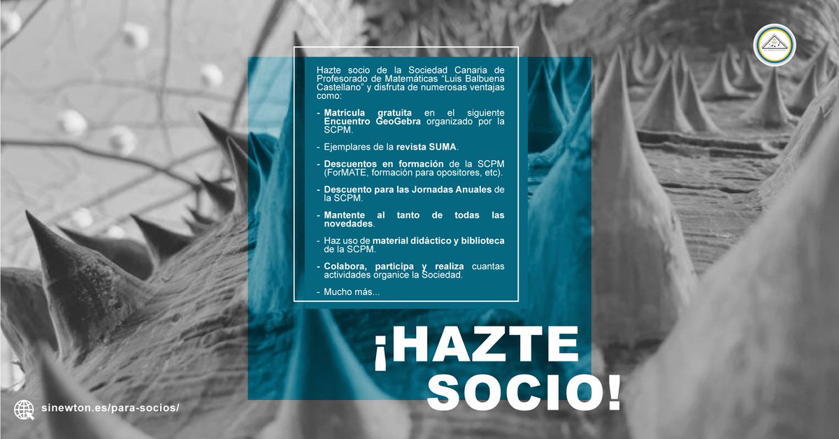 SCPMLBalbuenaC's tweet photo. ¿Aún no eres socio de la Sociedad Canaria de Profesorado de Matemáticas "Luis Balbuena Castellano"? 

Únete y disfruta de numerosas ventajas exclusivas! 📚🤝

🌐https://t.co/YTq2dpfaqS

#SCPM #SCPMLBC #Matemáticas https://t.co/Rbwi2zIHSH
