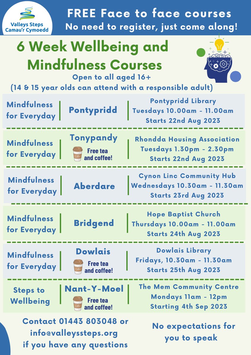 FREE mental health and wellbeing courses starting soon! (August and September 2023)  

⭐️Pontypridd Library
⭐️<a href="/rhawales/">@RHAWales</a> Tonypandy
⭐️<a href="/cynonlinc/">Cynon Linc</a> Aberdare
⭐️<a href="/hopebridgend/">Hope Baptist Church Bridgend</a>
⭐️Dowlais Library 
⭐️The Mem Community Centre, Nant-Y-Moel  

See the flyer for further details for each venue