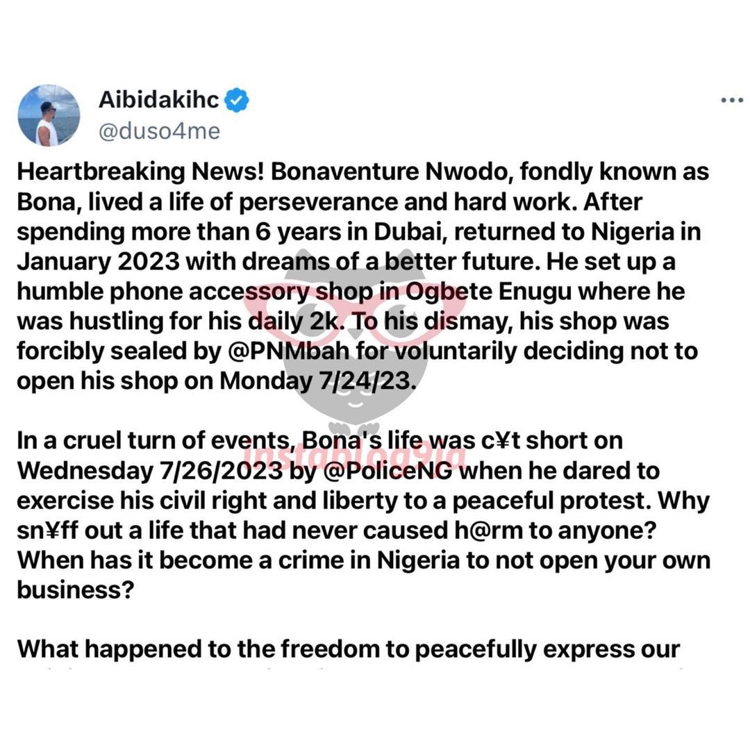 instablog9ja's tweet image. Dubai returnee, two others k#lled as Enugu traders protest after Gov. Mbah reportedly sealed their shops for obeying sit-at-home order 

Bonaventure Nwodo, a Dubai returnee, was among the three people who were reportedly k#lled in a protest following the sealing of their shops in