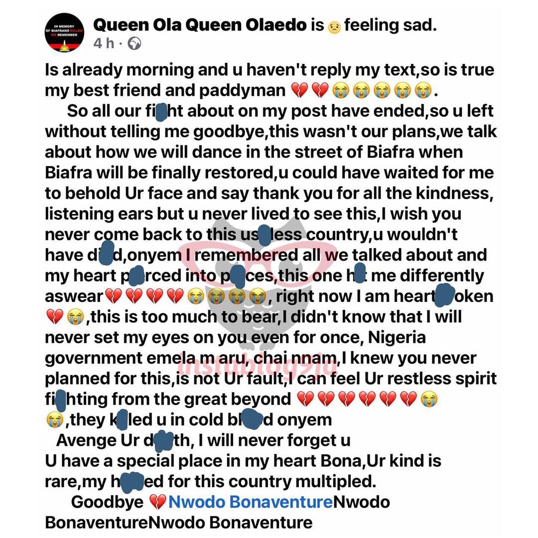 instablog9ja's tweet image. Dubai returnee, two others k#lled as Enugu traders protest after Gov. Mbah reportedly sealed their shops for obeying sit-at-home order 

Bonaventure Nwodo, a Dubai returnee, was among the three people who were reportedly k#lled in a protest following the sealing of their shops in