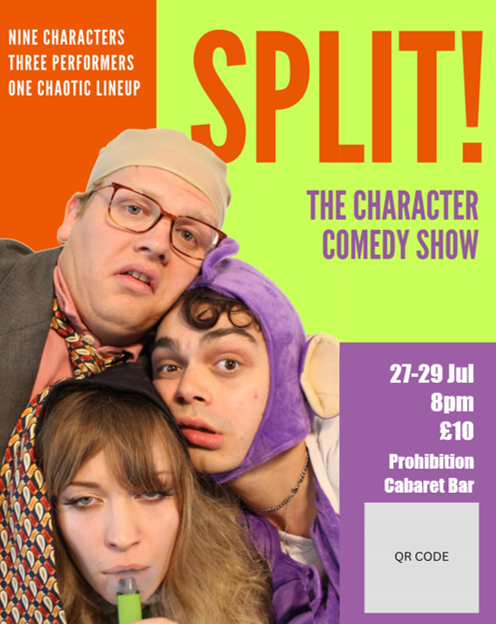 Nine characters, three performers, one chaotic line-up! Split is a character comedy night that parodies an open-mic night. If the extremely helpful QR code doesn't work - get your tickets here newcastlefringe.co.uk/split-comedy-c…