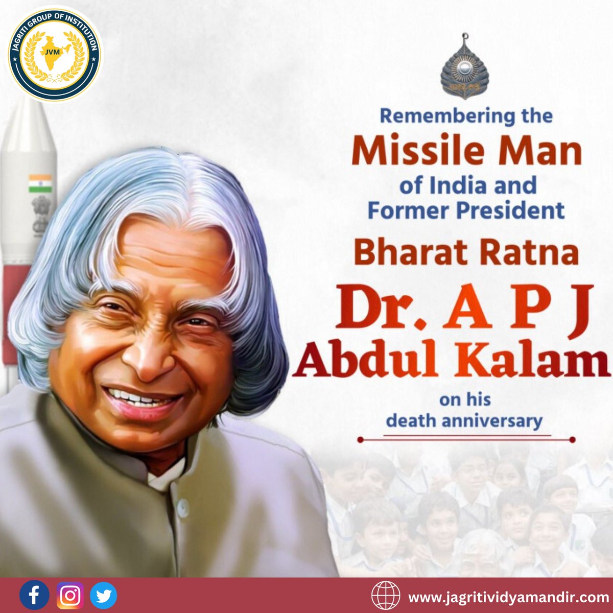jagritigroup's tweet photo. Humble tributes to a visionary leader, a great scientist and the 'Missile Man of India', Dr. APJ Abdul Kalam who is an inspiration for all! His vision for progress and education still resonates today. 
#apjabdulkalamsir #jvm #jaipur https://t.co/sz4bDE91yo