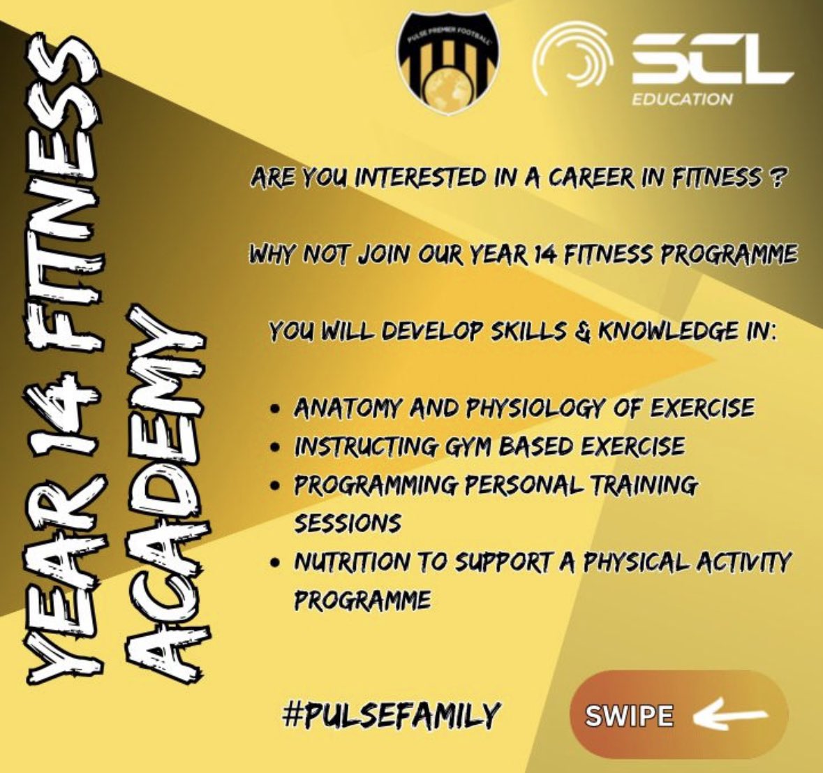 PulsePremier's tweet photo. Leaving College ?
Want a career in Fitness ?
Why not join our Year 14 Fitness academy.

Develop your skills, confidence and knowledge and set yourself on the pathway to a rewarding career.

Scan the QR code to register your interest.

#pulsefamily @SCLeducation https://t.co/Dh6k1AtsCz