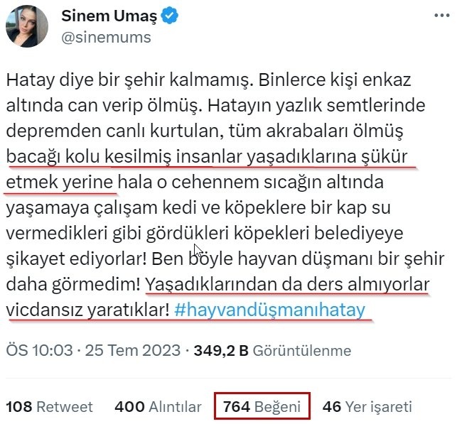 Ölen insanlarımız için Yunan bile "iyi ki geberip gittiniz zaten bunu hak etmiştiniz keşke hepiniz ölseydiniz" gibisinden cümleler söylemedi. Fikir hürriyetinden yanayım ama bu nefretin adı fikir değil bu düpedüz halk düşmanlığı ve mizantrop kişilik bozukluğudur. <a href="/EmniyetGM/">Türk Polis Teşkilatı</a>