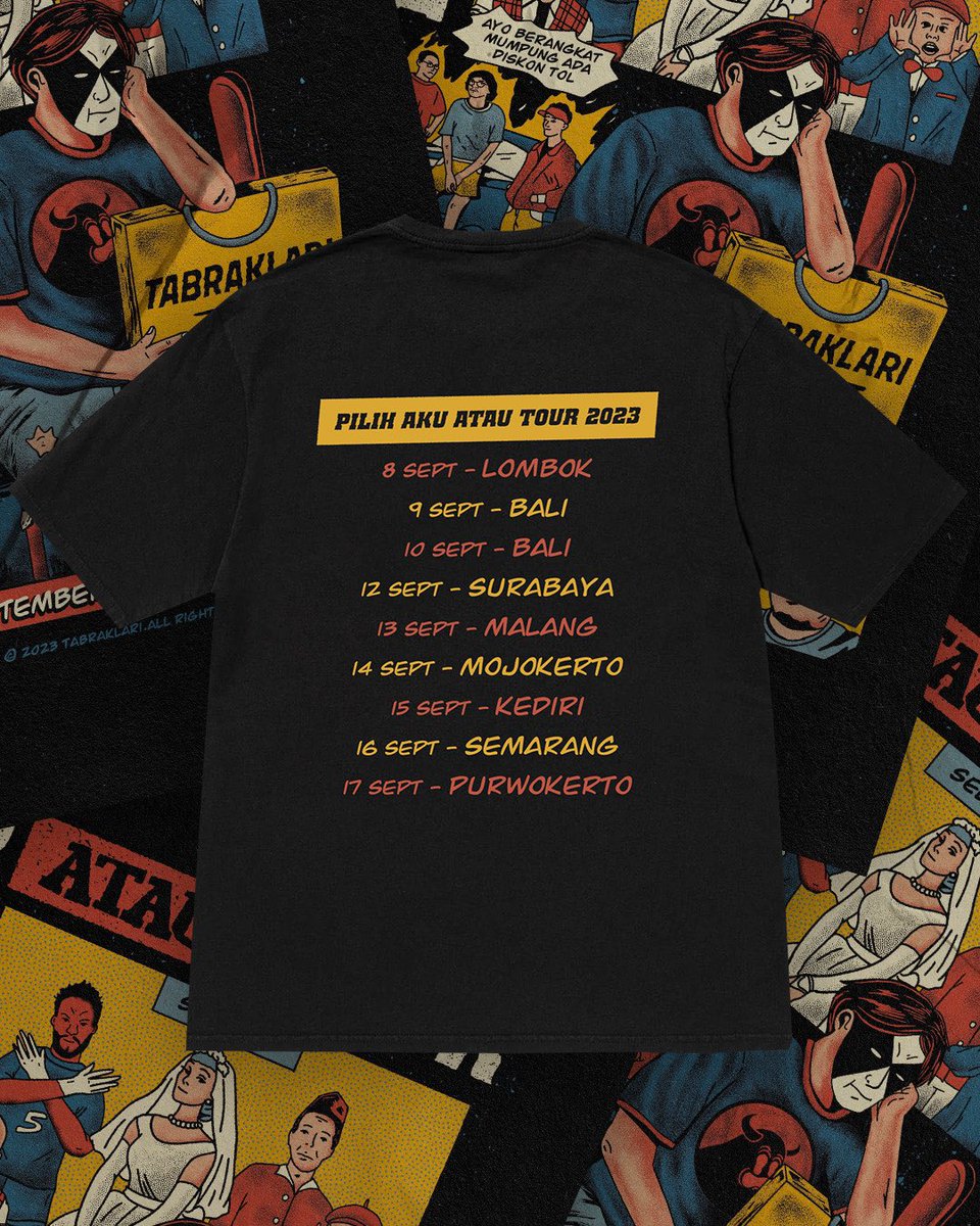 TabraklariNih's tweet photo. Open Pre-Order T-Shirt “Pilih Aku atau Tour” dan sampai ketemu di Kota kalian bulan September nanti.

Ada bonus CD disetiap pembelian✨
🥳

Order : +62 822-1355-1021 (WA Only)

🎨 : @ferdidarmavvan 

#BerniagaJajananTabraklari https://t.co/d7Q7nWmsID