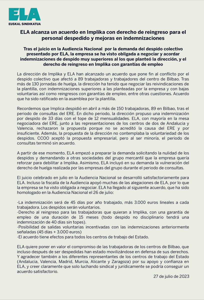 ELA alcanza un acuerdo en Implika con derecho de reingreso para el personal despedido y mejoras en indemnizaciones
Tras el juicio en la Audiencia Nacional por la demanda del despido colectivo presentado por ELA, la empresa se ha visto obligada a negociar y acordar