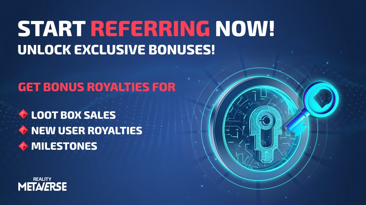 Realitymeta's tweet photo. 🌟 Sharing is rewarding
🔓 Unlock exclusive bonuses by referring

Get Bonus Royalties for:
🔹 Loot Box Sales
🔹 New User Royalties
🔹 Milestones

Start referring now! 💪
Find a detailed guide here: https://t.co/DrJMDU3tmS

#NFT #RealityMeta #NFTs #EarnWithRealityMeta https://t.co/WBusmXcjbv