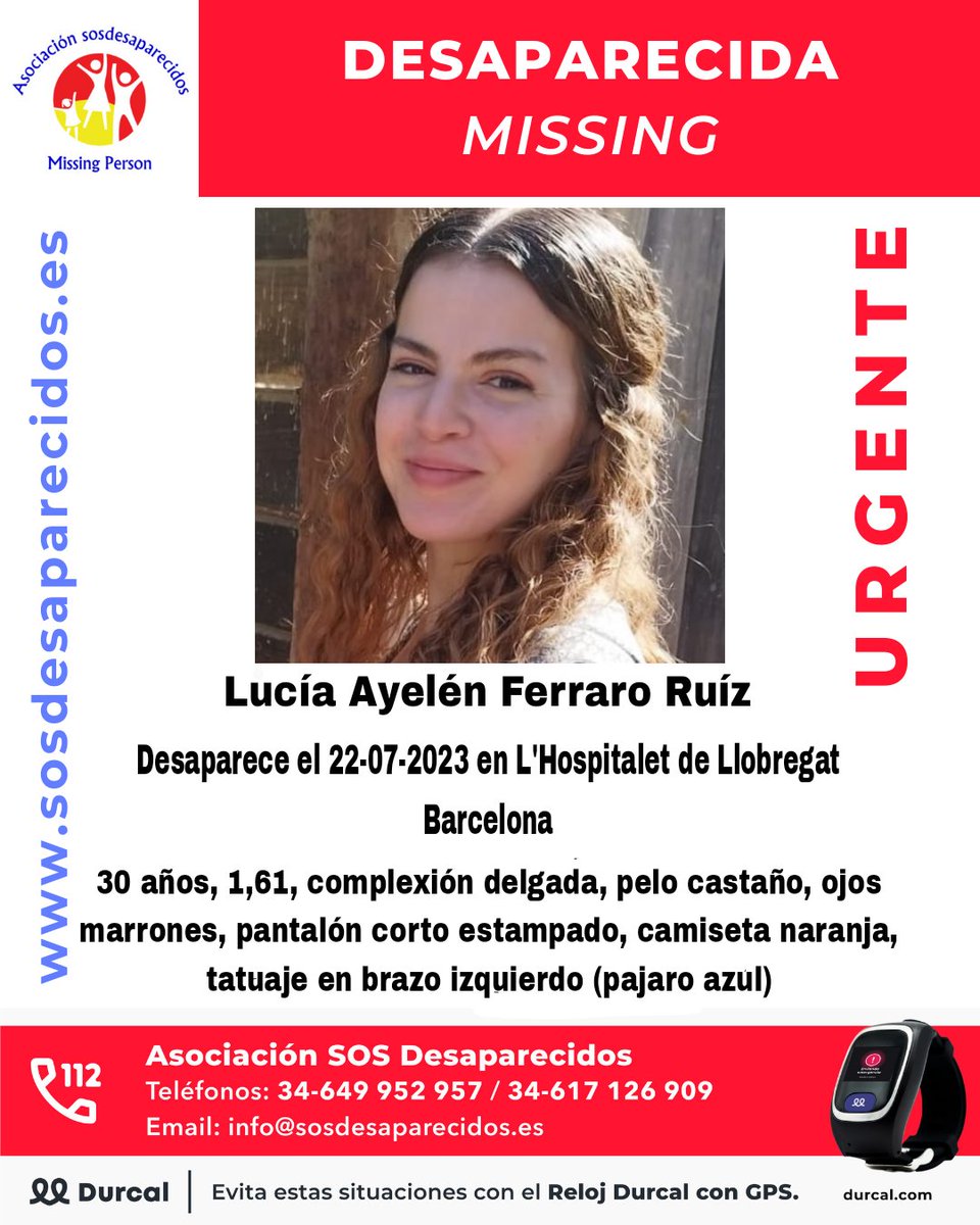 ALERTA! Lucía Ayelén desapareció hace 5 días. No se llevó nada (ni dinero ni tarjetas) y no se ha puesto en contacto con nadie desde entonces. Su familia solita ayuda

Si alguien la ha visto que contacte con <a href="/sosdesaparecido/">ALERTA DESAPARECIDOS</a>: 649 952 957

#desaparición #Barcelona <a href="/amills_joaquin/">Joaquin Amills (SOSDESAPARECIDOS)</a>