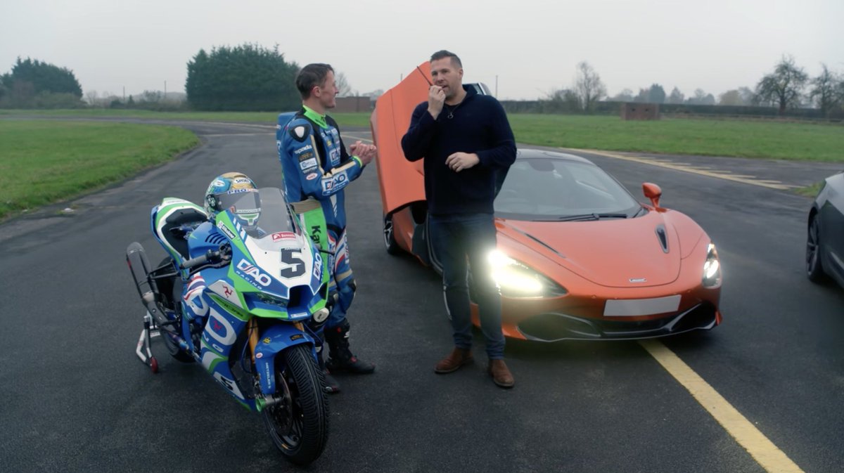 AirTV_UK's tweet photo. On #supercarshowroom tonight at 9pm:
@deanmbartle swaps four wheels for two as he starts growing his collection of Superbikes. He invites TT-winning @deanharrisonTT over for a unique speed challenge on the runway. Meanwhile, a Porsche Taycan is tested at high speed. https://t.co/lChZQjX3Vp