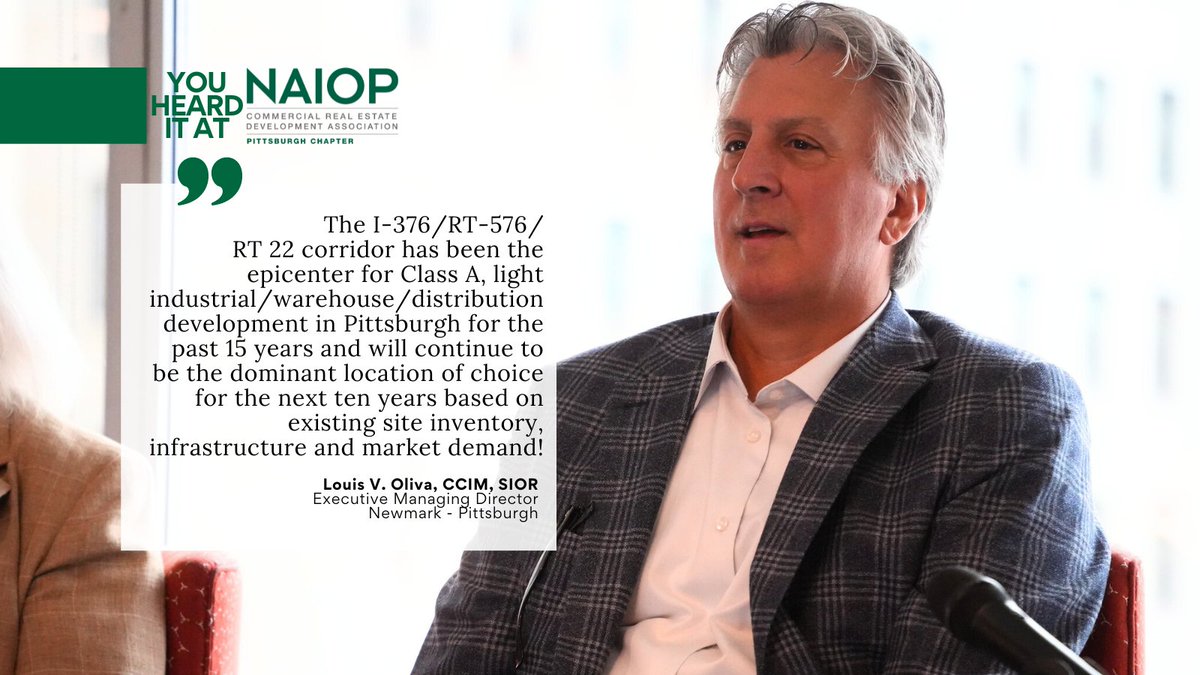 NAIOPPittsburgh's tweet photo. You Heard it at NAIOP Pittsburgh 's June Chapter Meeting, where Louis V. Oliva, CCIM, SIOR, Executive Managing Director for Newmark - Pittsburgh, shared during our Airport Area Update.
Our next Chapter Meeting will be September 21 - registration opening next week!
#CREpgh https://t.co/SZCIRERdKR