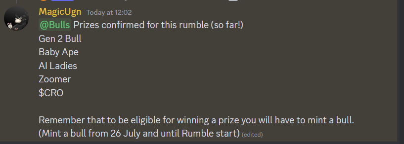 a BIG rumble is about to go down in @CronosBullFi 

Step 1. Mint your bull on @Peppermint_CRO, @Moonflownft or on cronosbull.finance
Step 2. Head over to our discord discord.gg/cuCurYwg 
Step 3. Head over to the rumble channel and join.
Ste 4. WIN!

#CROFam #Bullish