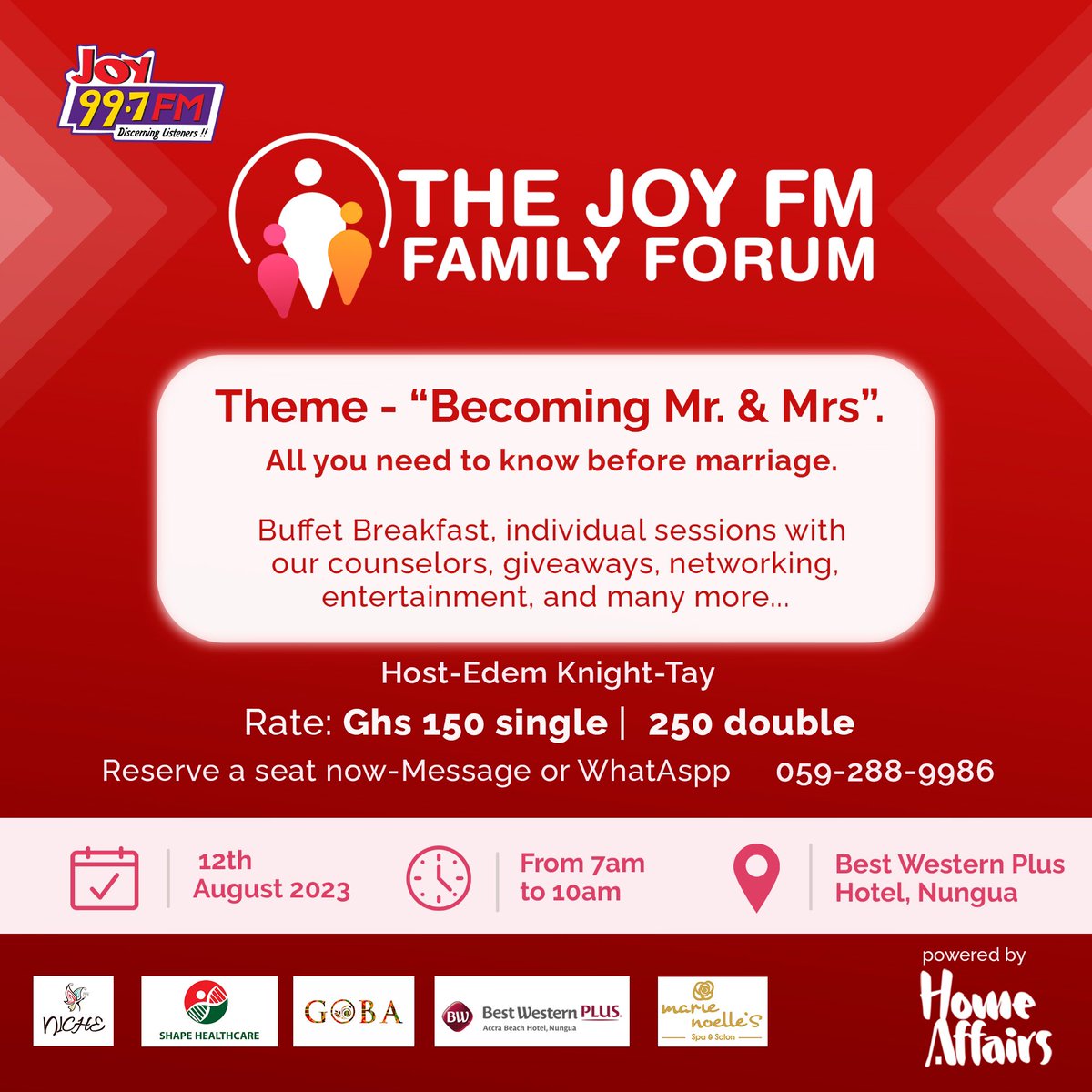 Joy997FM's tweet photo. Join us at The Joy FM Family Forum! Connect with like-minded individuals and learn from expert counselors about marriage and relationships. Book your spot today and get ready for a morning of fun, food, and learning! #JFFF https://t.co/eQzEg11fLI