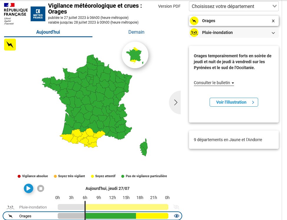 VigiMeteoFrance's tweet photo. Prudence ce soir sur les Pyrénées et le sud de l'Occitanie. Des orages localement forts se produiront. Ils pourront s'accompagner de grêle, d'averses intenses et de fortes rafales de vent. #VigilanceJaune #orages https://t.co/GDSw0wogp2
