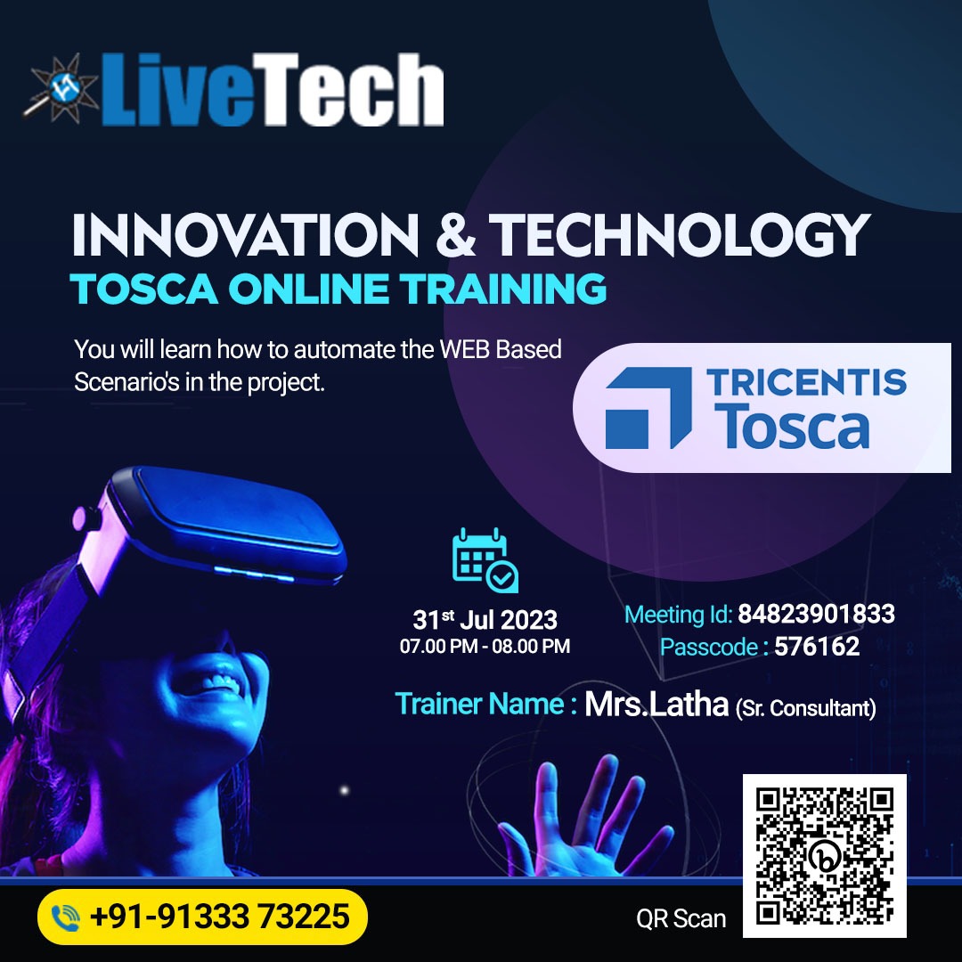 LiveTechTesting's tweet image. 📷Enroll Now :bit.ly/TOSCAdemo_byLA…
Exp : 10+years
📷 Attend an online demo on TOSCA Automation Testing  By Mrs. Latha (Sr.Consultant)
📷 Demo on. 31st July 2023 @ 07.00 PM ( IST)
Zoom Meeting Id : 84823901833
Passcode : 576162
Website       : livetech.in