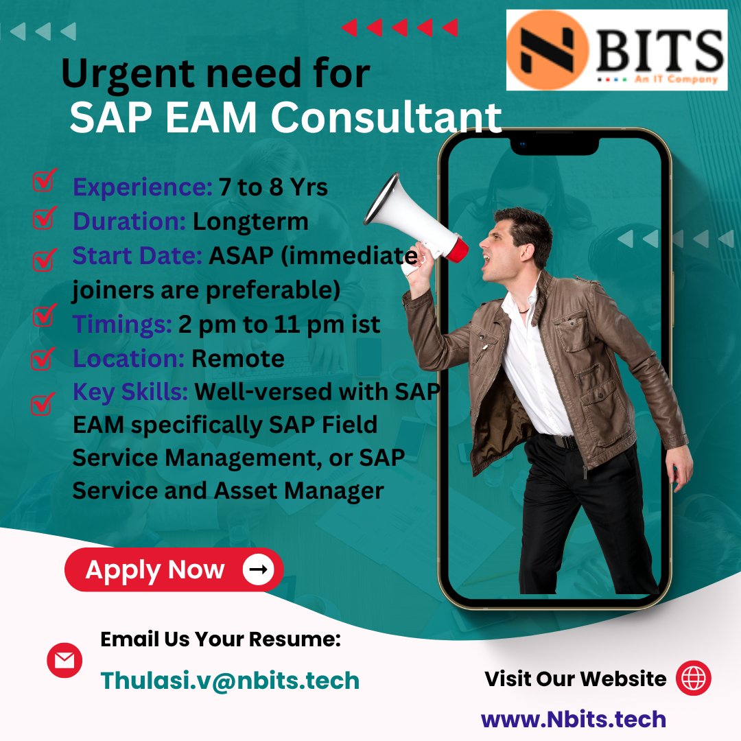 datatiks's tweet image. Urgent Need for SAP EAM consultant
Exp: 7 to 8 Yrs
Duration:Longterm
Start Date: ASAP
Timings: 2pm to 11pm IST
Location: Remote
f you are interested, please share your profile to Thulasi.v@nbits.tech
#sapeam #sapservice #sapassetmanagement #sapmm #sapsupport #assetmanagement #ehs